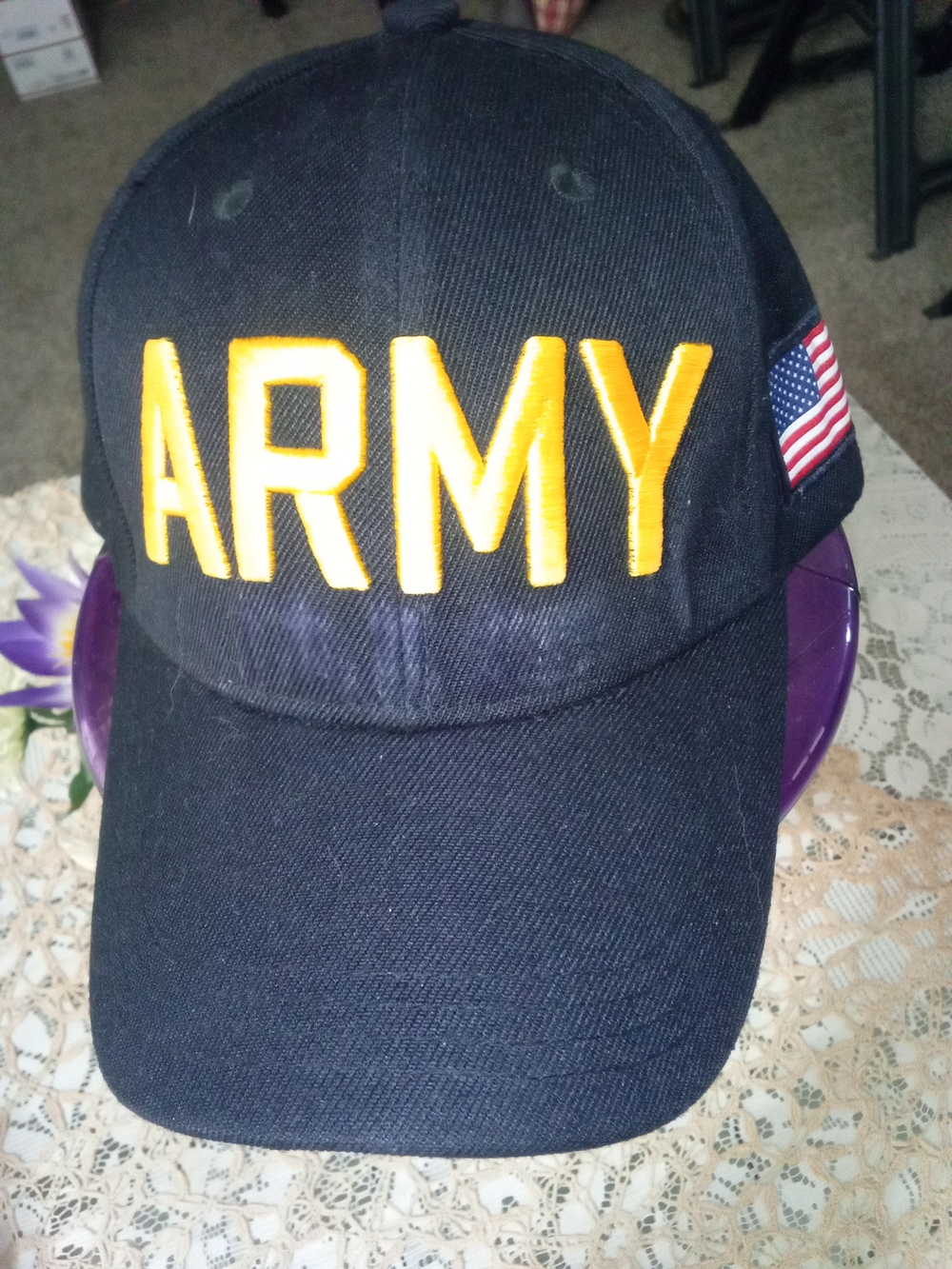 U.S. Army Black Cap with Gold Embroidered ARMY and Flag Patch Nice